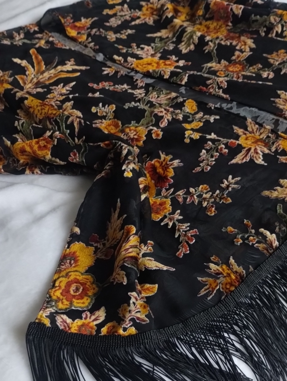 Fringe Kimono - Sheer Black Brown Orange Green Velvet Textured Floral